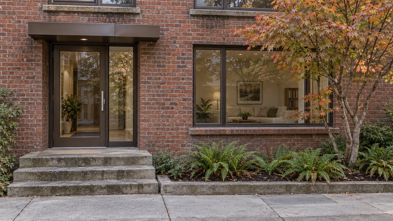 Renovated brick residential entrance with bronze-framed glazing, weathered concrete steps, and a vine maple above sword ferns.