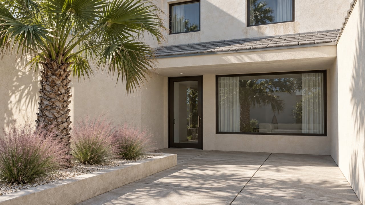 Cream stucco coastal home with bronze-framed glazing, a concrete entry court, a sculptural palm and pink muhly grass.