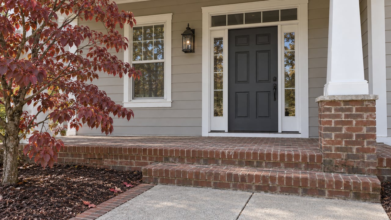 Greige-sided home with white porch trim, a charcoal entry door, worn brick steps and burgundy dogwood leaves in autumn daylight.