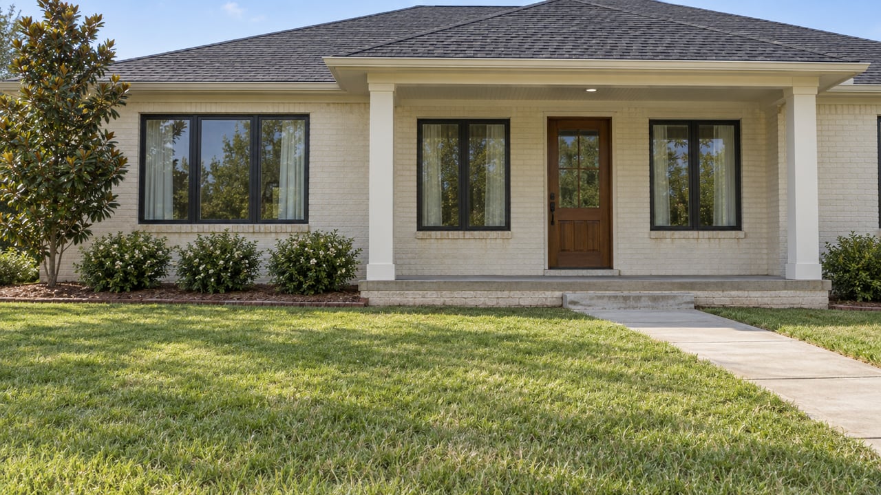Cream-painted brick single-story home with a raised front porch, black-framed windows, deep lawn and a small magnolia.