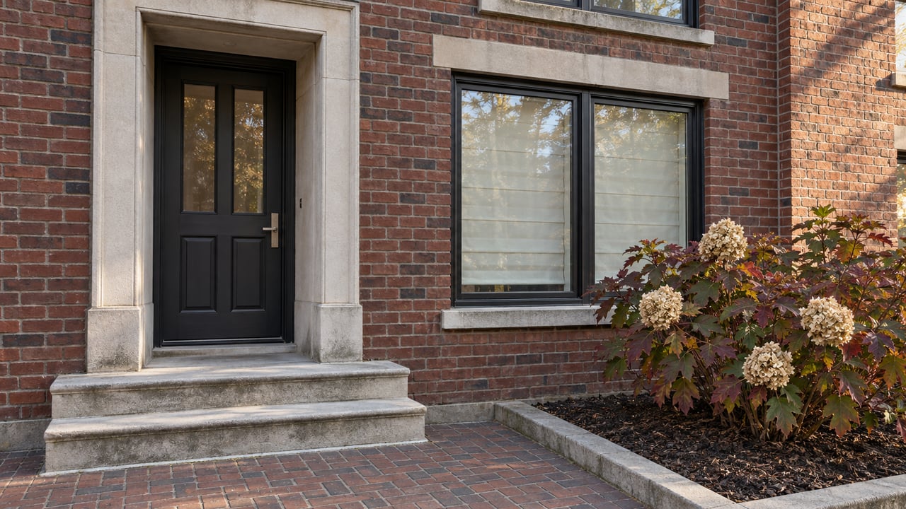 Brick building entrance with a black door, stone steps, and autumn plants beside the windows.