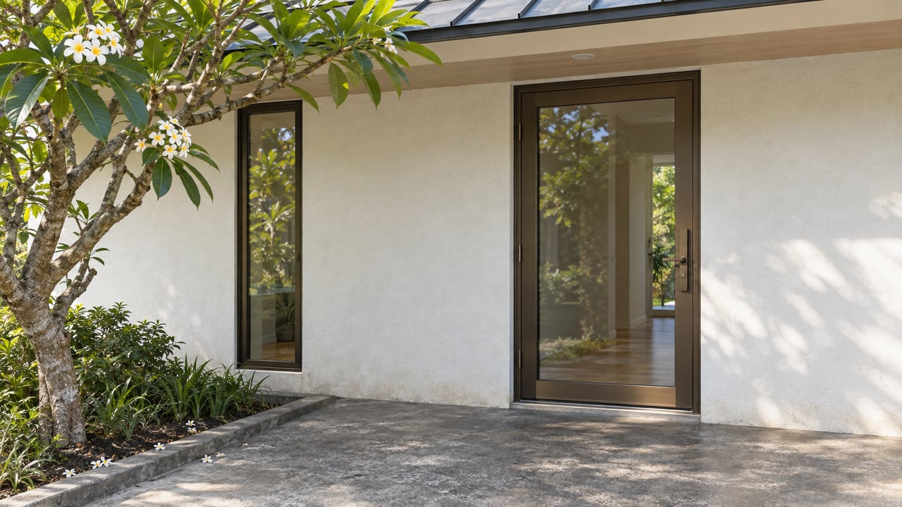 Home entrance with a closed bronze-framed glass door, narrow window, and plumeria tree beside the concrete landing.