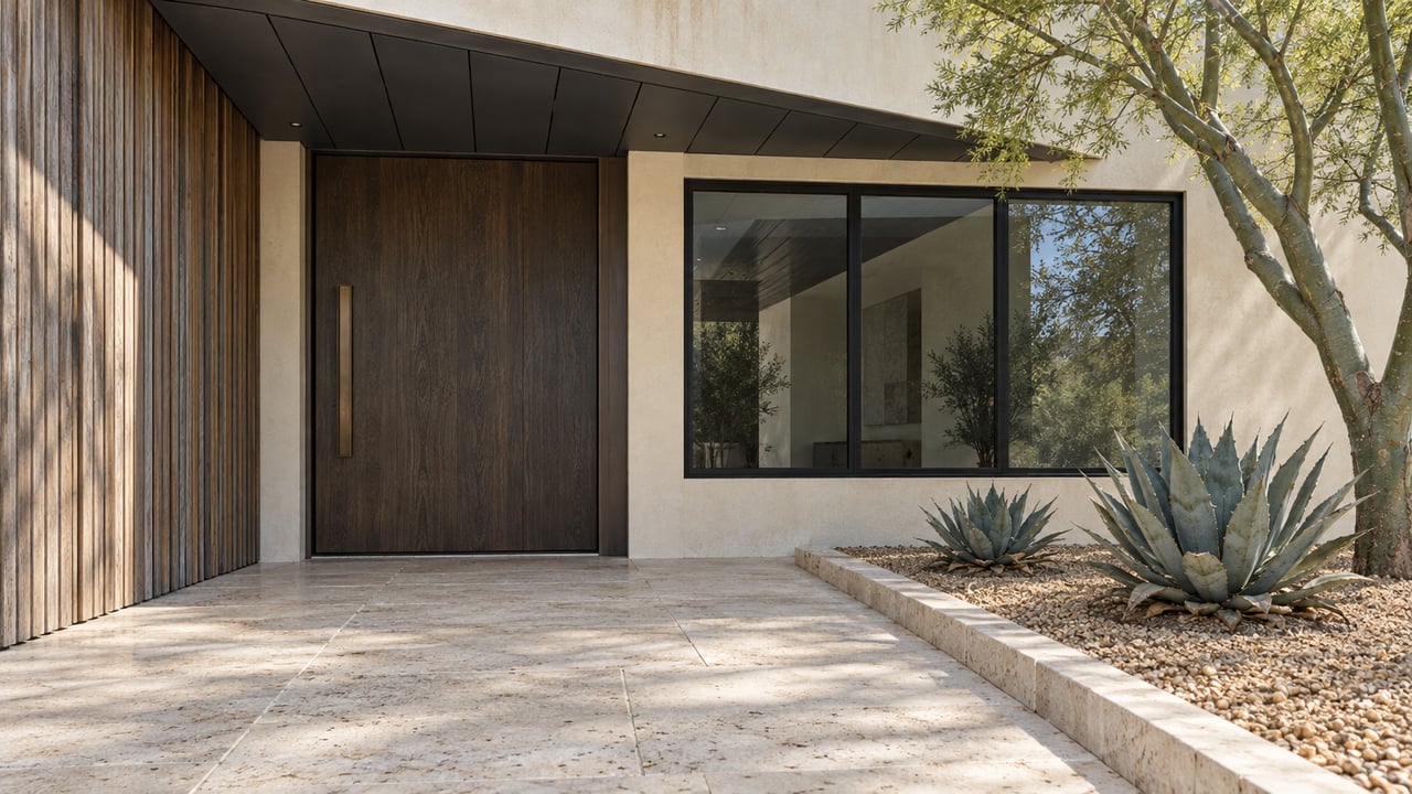 Low-angle view of a recessed timber entry, warm stucco, black-framed glazing and limestone paving beside a blue palo verde and two agaves.