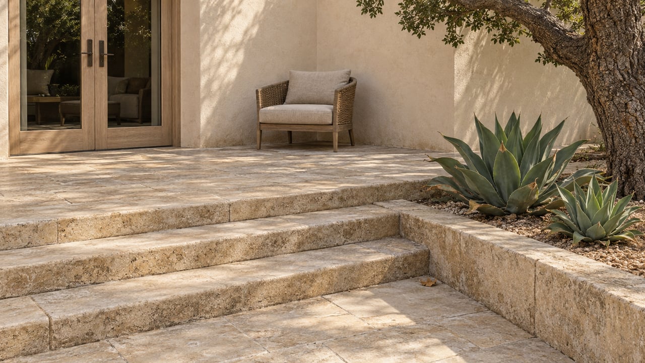 Sunlit sandstone terrace and broad steps beside an ivory stucco home, with oak-framed glass doors and a mature oak garden.