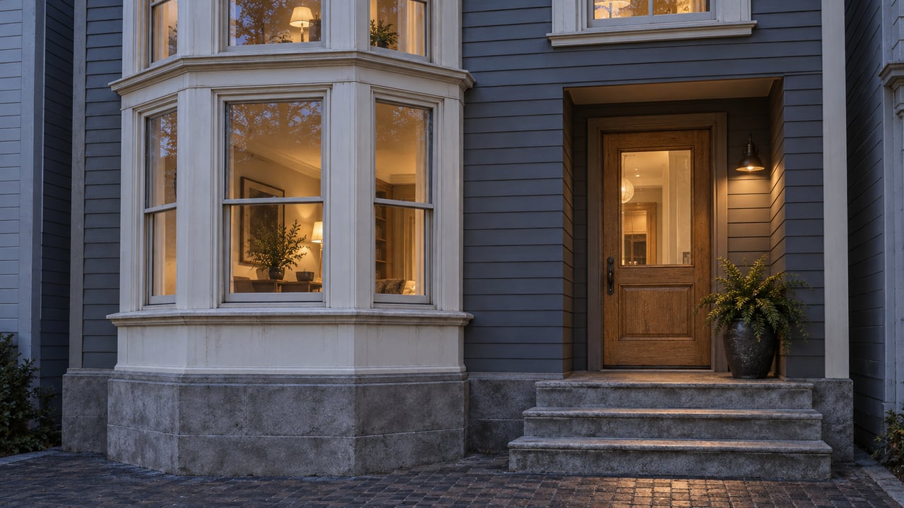 Blue-hour view of a gray timber row house with ivory bay-window trim, warm interior light and a recessed oak entrance above limestone steps.