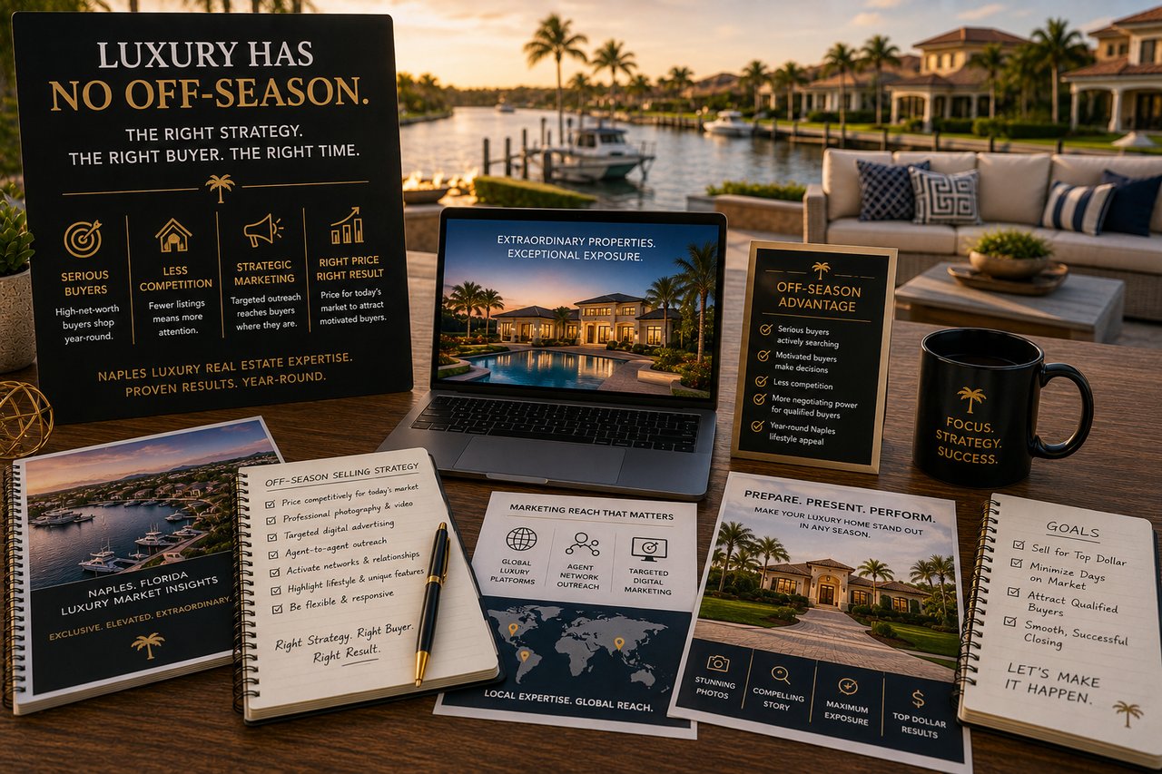 Luxury waterfront marketing workspace overlooking a Naples, Florida canal at sunset, featuring premium real estate presentation materials, digital marketing strategy, professional listing resources, and elegant branding that illustrate how to successfully sell a luxury home during the Southwest Florida off-season.