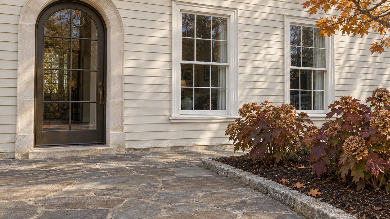 Autumn sunlight across an ivory clapboard home's arched glazed entry, tall divided windows, and weathered flagstone terrace edged with oakleaf hydrangeas.