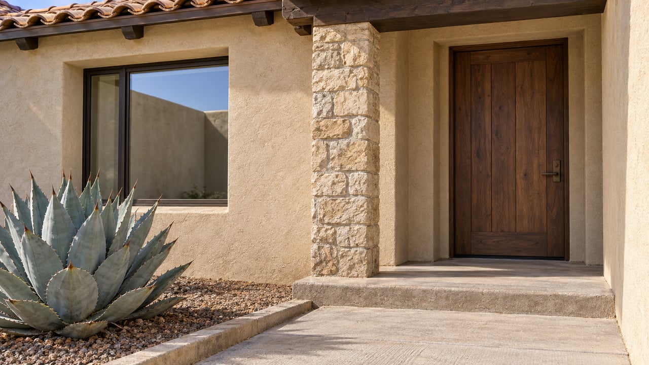 Sunlit tan stucco home entry with a walnut door, clay-tile eave, stone pier and blue-gray agave beside a concrete walk.