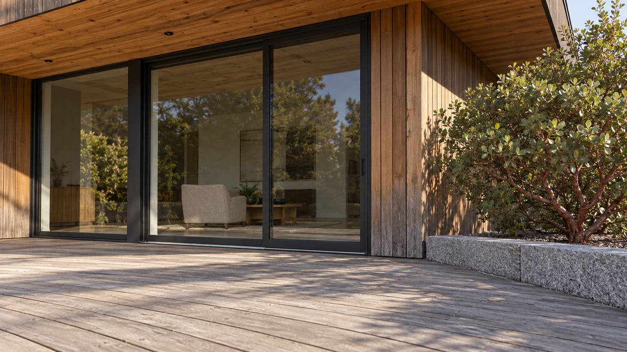 Low-angle view of a cedar-clad home's glazed terrace corner, sun-worn decking and a red-stemmed manzanita in a raised granite planting bed.