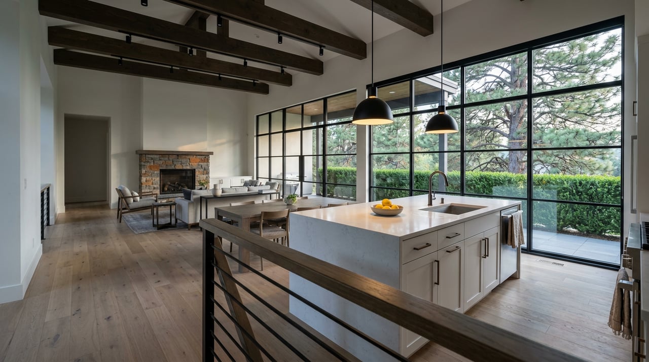 Double-height great room with a quartz island, white cabinetry, stone fireplace, and pine visible through glass.