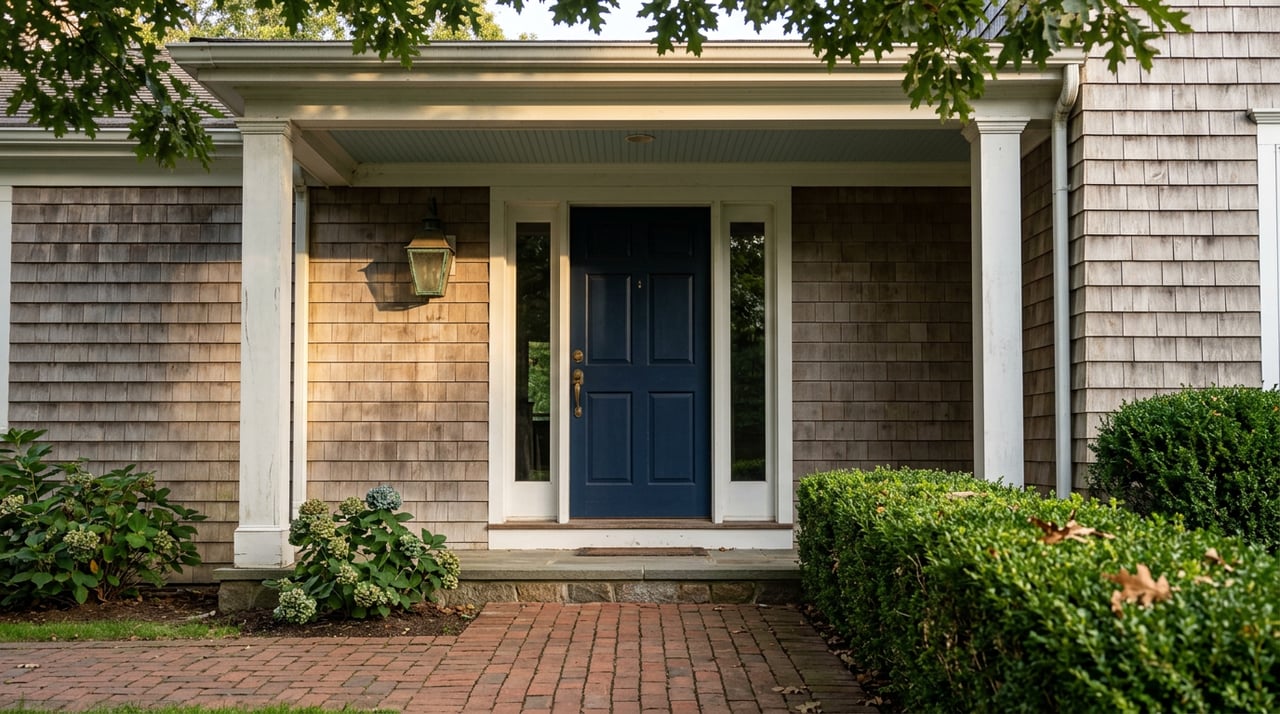 Covered entry with a navy paneled door, aged brass lantern, cedar siding, and a brick walkway