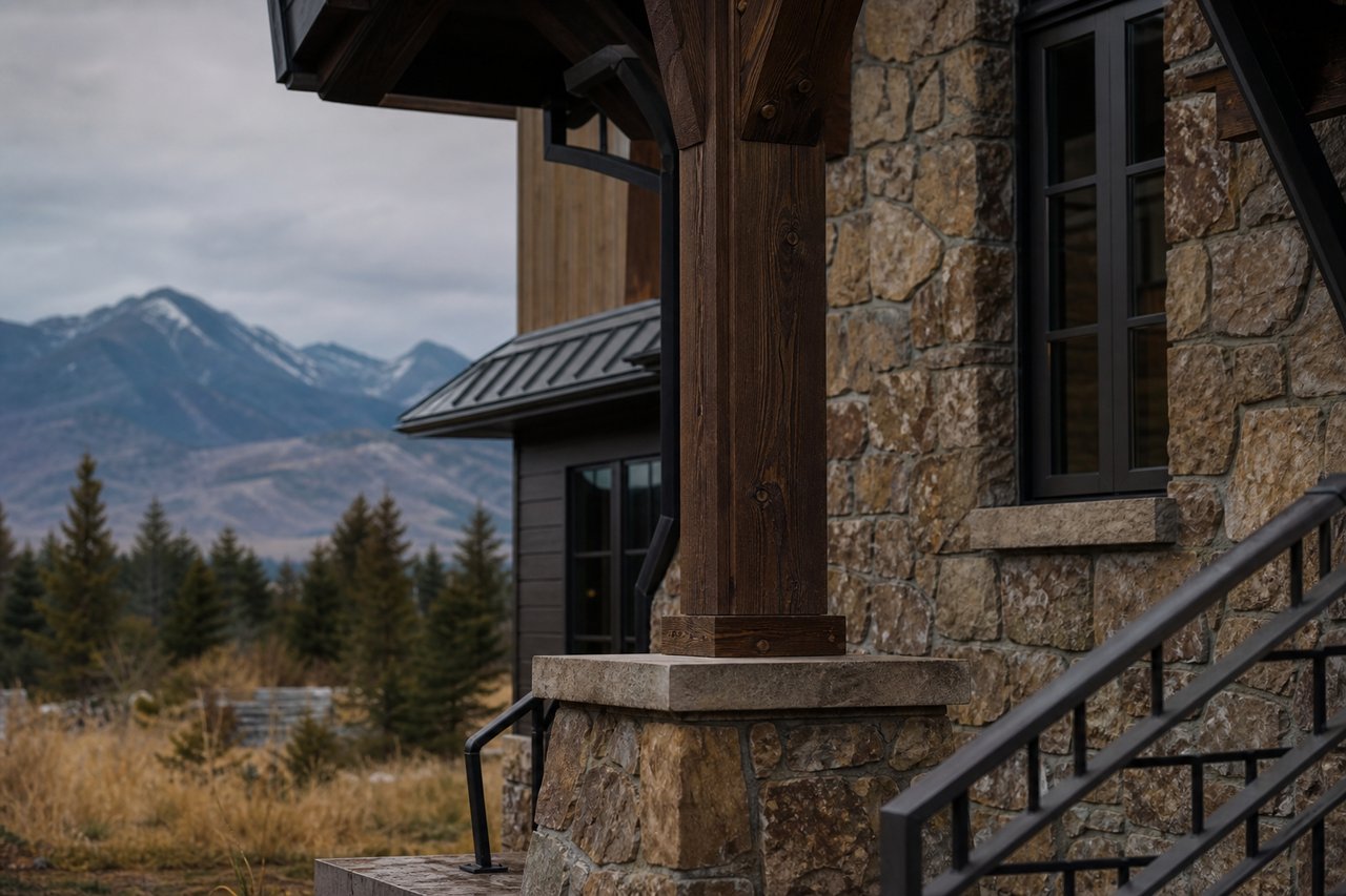 Mountain home with a stone facade and timber porch, backed by evergreen trees and a mountain range.