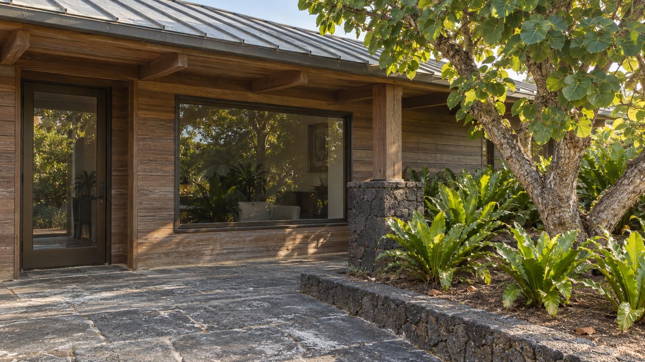 Weathered timber entry beneath a shallow metal roof, beside a sculptural sea grape tree and stone-edged fern garden.
