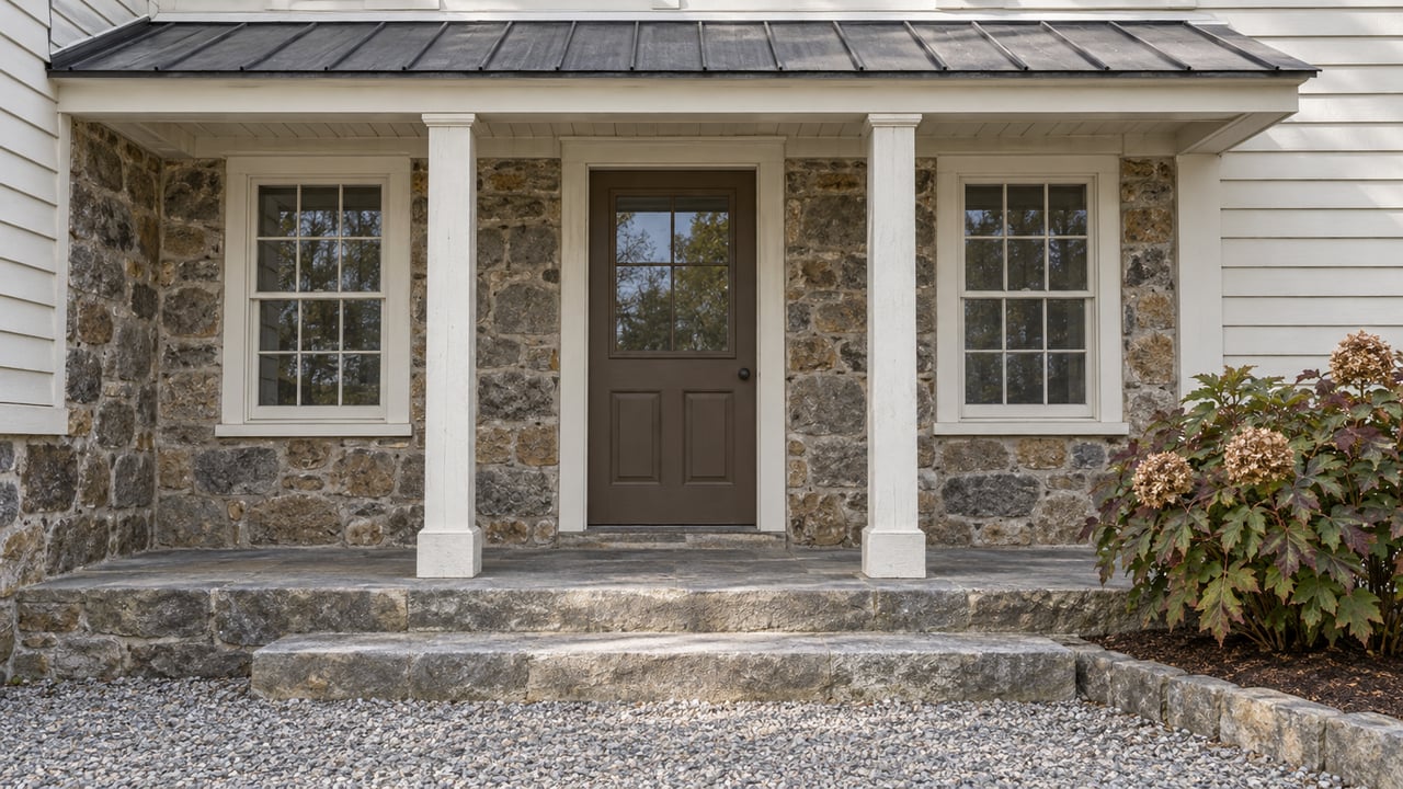 An older home's covered entry with fieldstone walls, off-white sash windows, worn sandstone steps and autumn oakleaf hydrangea.