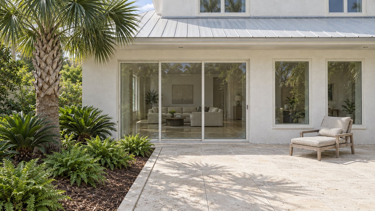 Light stucco home with closed glass sliders, shell-limestone terrace, teak lounge chair and a planted palm garden.