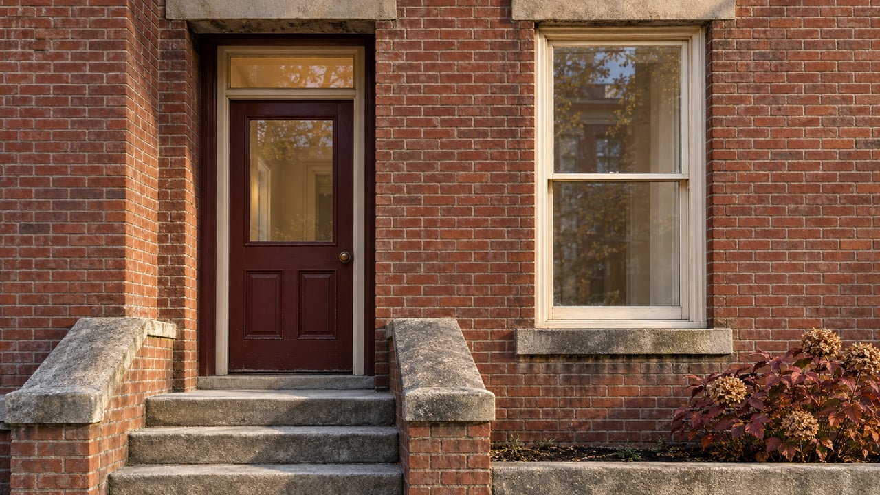 Sunlight grazes a red brick home's oxblood entrance door, tall sash window, and worn stone steps beside burgundy oakleaf hydrangea.