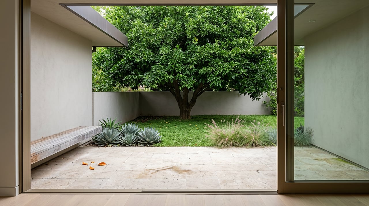 Covered travertine patio opens onto a shaded lawn beneath a mature orange tree, with agave and pink muhly grass.