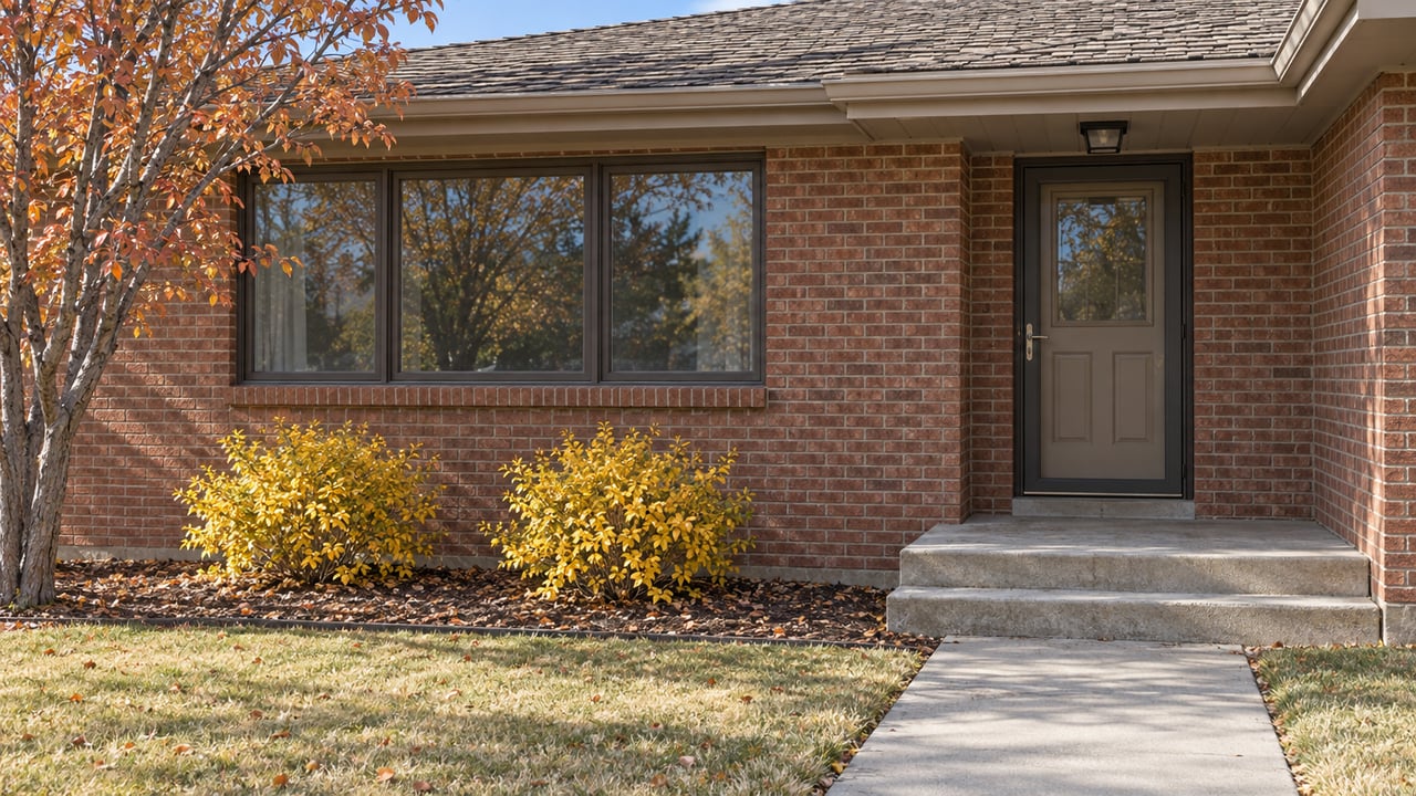 Autumn sunlight across a red-brown brick home's closed front entry, broad window and weathered concrete steps.