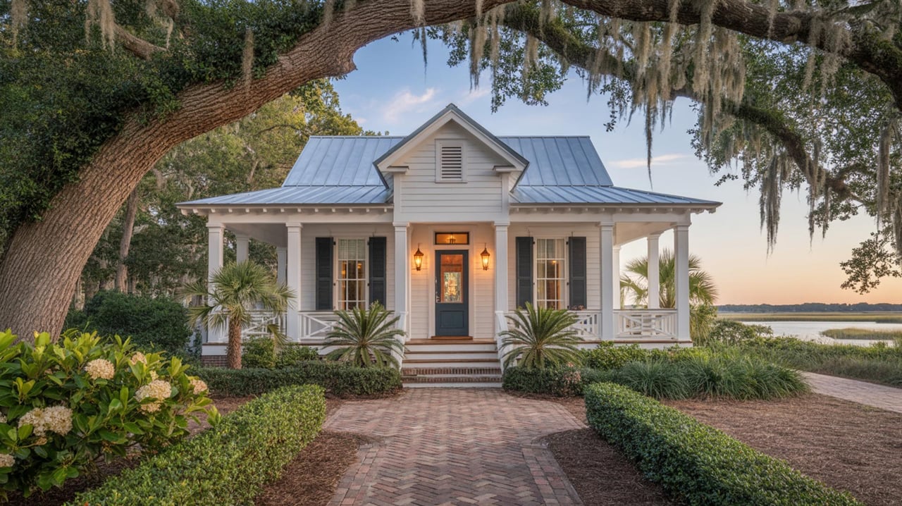 White coastal cottage with a blue metal roof, brick walkway, and oak branches draped with Spanish moss.