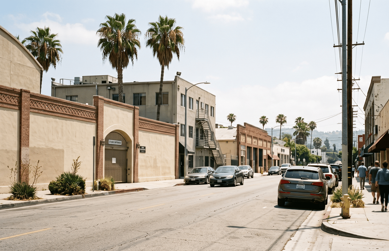 Commercial street with a studio entrance, palm trees, parked cars, and pedestrians.