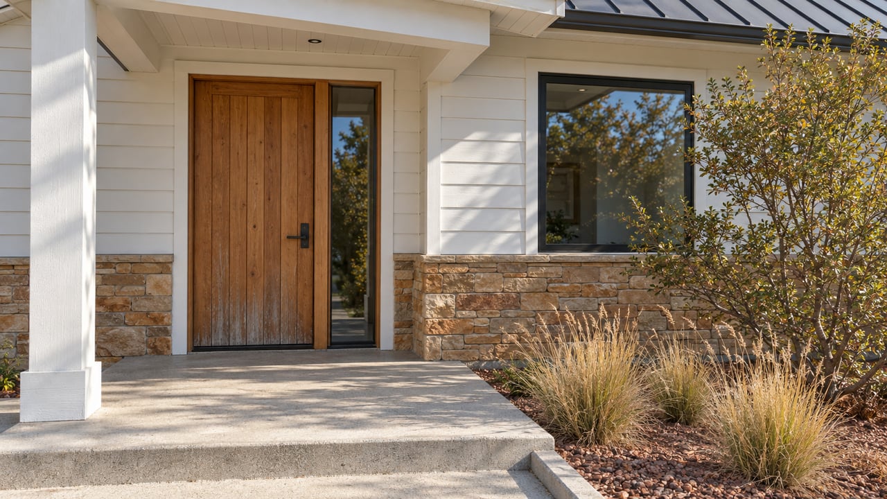 Sunlit cedar entrance and white siding above a sandstone base, with a raised concrete landing and drought-adapted planting.