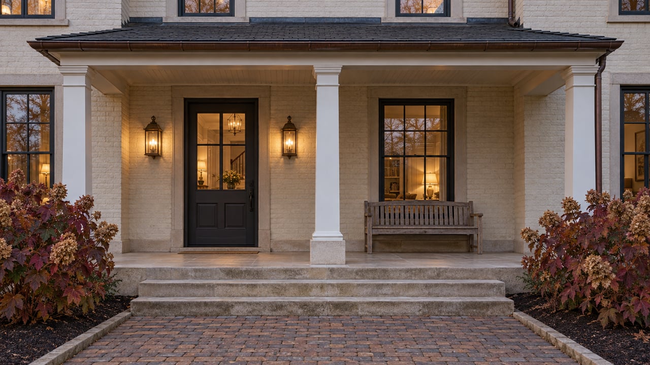 An ivory painted-brick home with limestone porch steps, glowing brass lanterns, and oakleaf hydrangeas in autumn color.