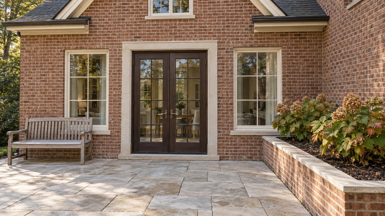 Brick home with glazed timber French doors, limestone terrace, a weathered teak bench and oakleaf hydrangeas in a raised brick bed.