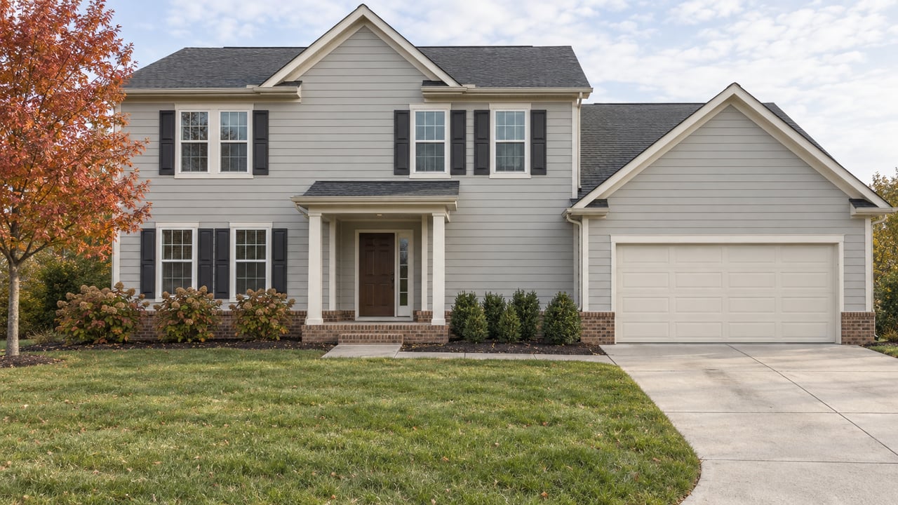 Light-gray two-story home with charcoal gables, a shallow front porch, attached garage and deep lawn under soft daylight.