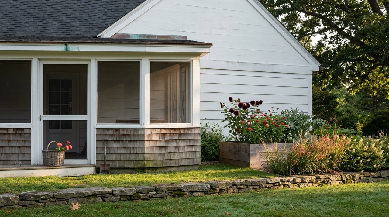 Screened porch beside a raised garden bed of burgundy sunflowers, zinnias, and cardoon.