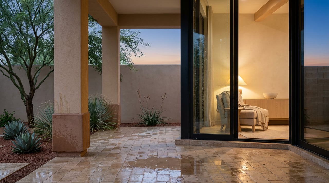 Rain-wet travertine loggia with a glowing glass doorway, stucco column, and sculptural desert plants.