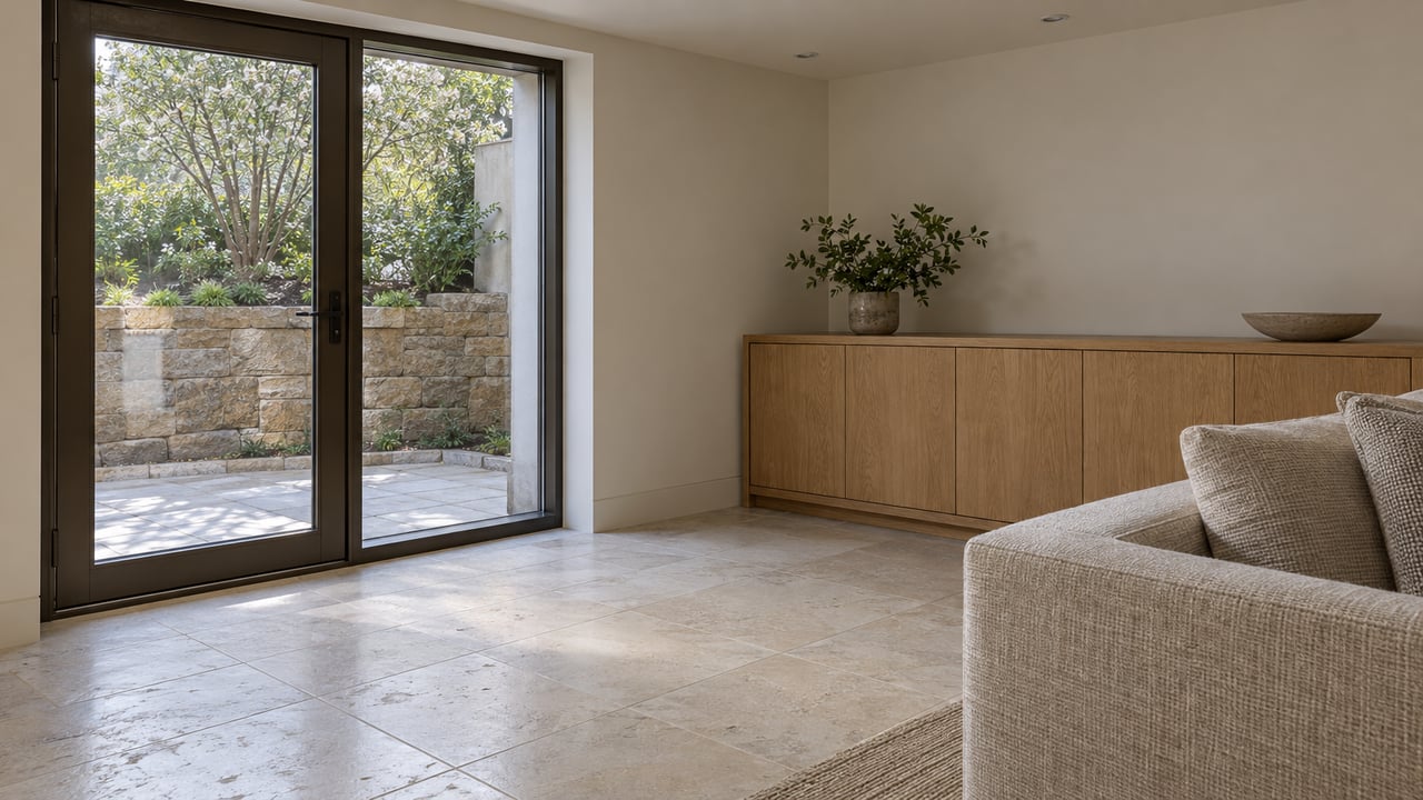 Compact family room with an oak cabinet, limestone floor, and glazed door opening onto a sunken terrace.