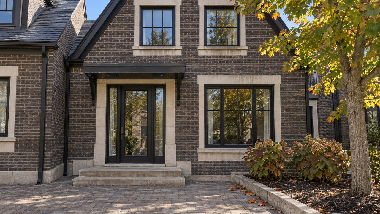 Dark brick townhome with limestone entry trim, black-framed windows and a paved forecourt beside an autumn maple and oakleaf hydrangeas.