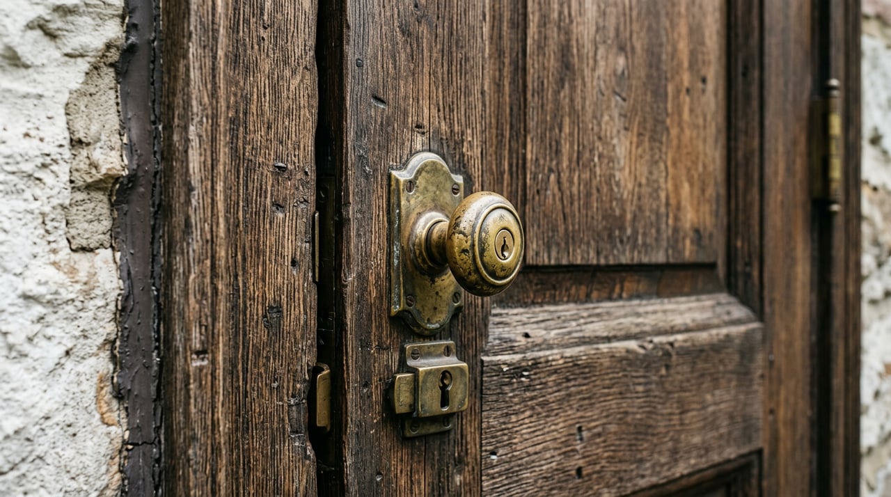 Slate-blue paneled door with brass lantern, moss-draped oak branch, and worn porch floor.