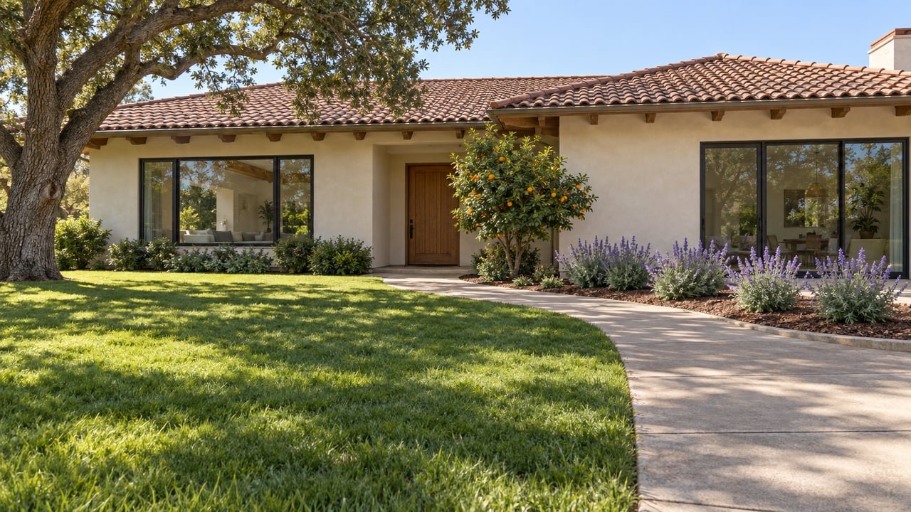 Single-story ivory stucco home with a faded clay-tile roof, deep lawn, mature oak and orange tree beside a concrete entrance walk.