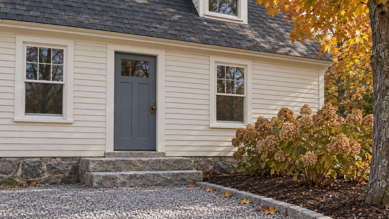 Ivory clapboard house with a blue-gray entry door, worn granite steps and rust-gold autumn foliage.