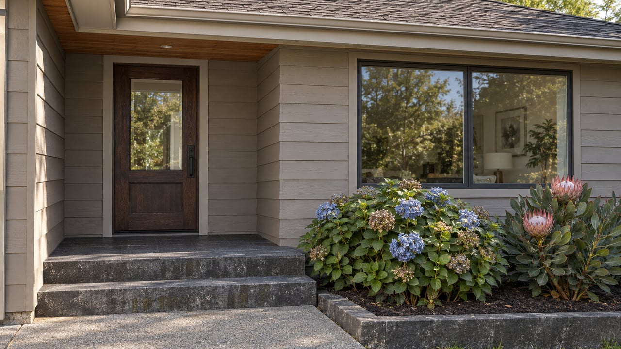 Covered entry of a taupe-sided single-story home with basalt steps, a broad window, blue hydrangea and pink king protea.