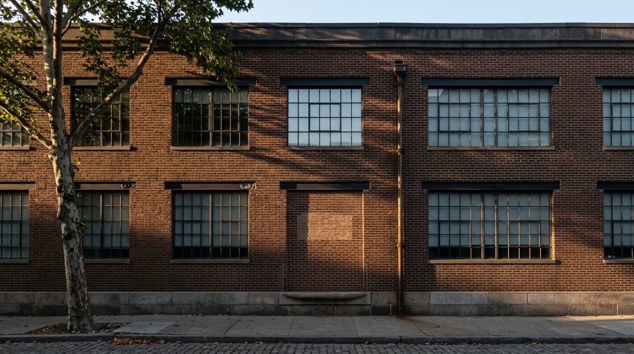 Converted brick warehouse facade with steel-sash windows, cast-iron lintels, and a street tree beside Belgian-block paving.
