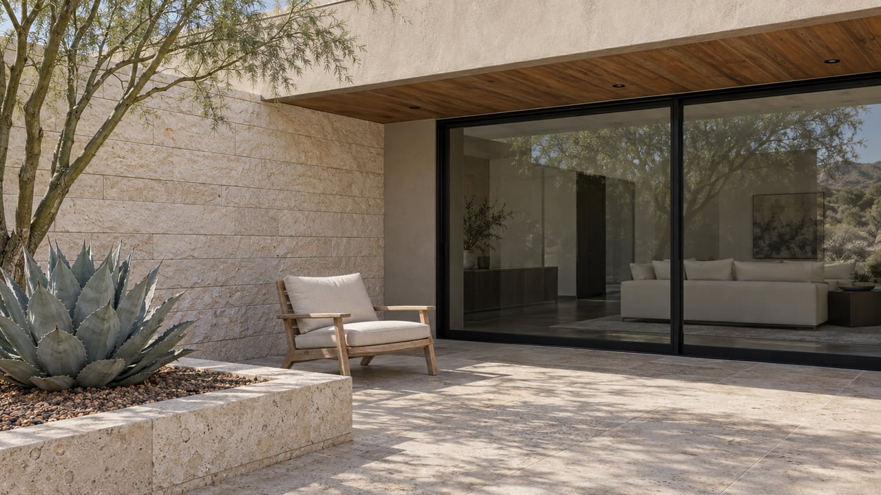 A shaded limestone terrace with a teak lounge chair, black-framed glass doors, warm timber soffit and a blue agave in a raised stone planter.