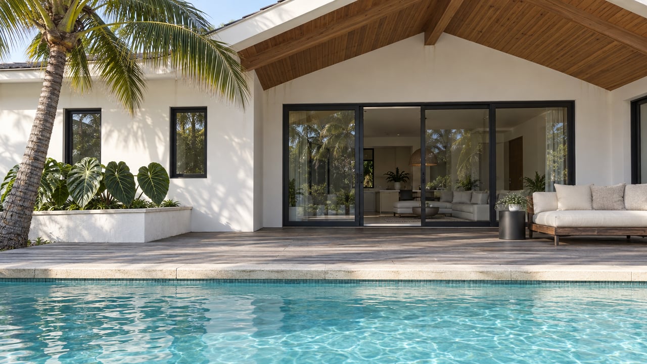 Pale turquoise pool beside a weathered timber terrace, white modern home, glazed doors and a pitched wood ceiling beneath a coconut palm.
