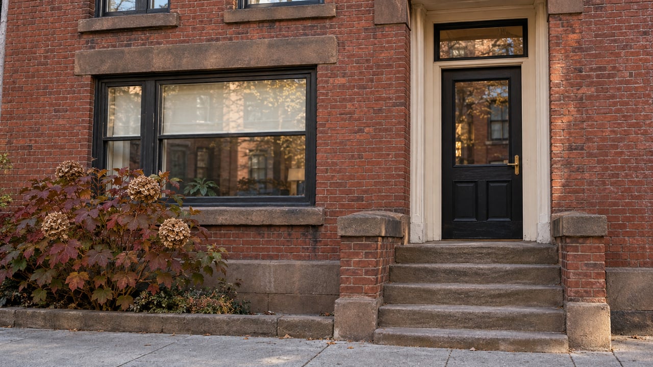 Sunlit red brick residential entrance with a black glazed door, sandstone steps and an oakleaf hydrangea.