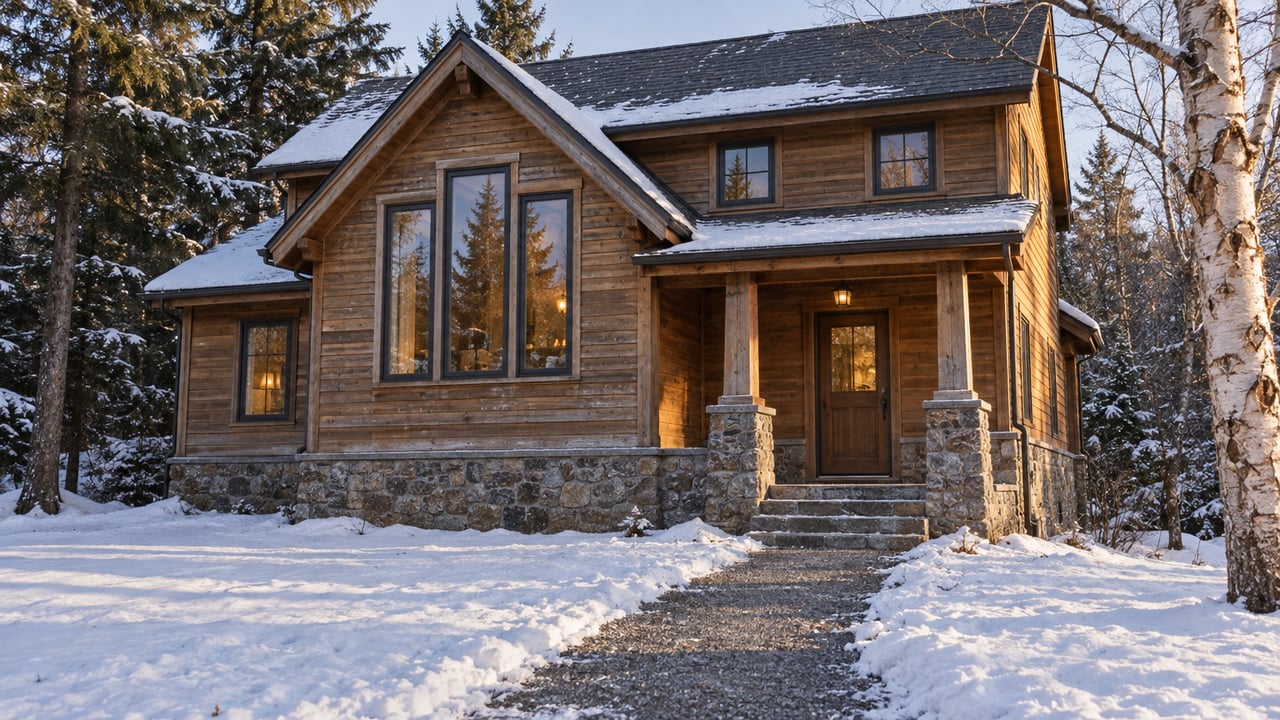 Cedar-sided home with a steep roof, stone foundation and warm windows beyond a shoveled snowy approach, framed by hemlocks and a bare yellow birch.