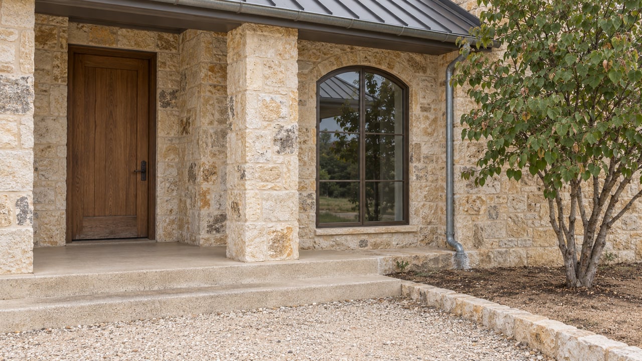Buff limestone home with a covered oak entry, arched window, concrete porch steps, and a single redbud beside the gravel approach.