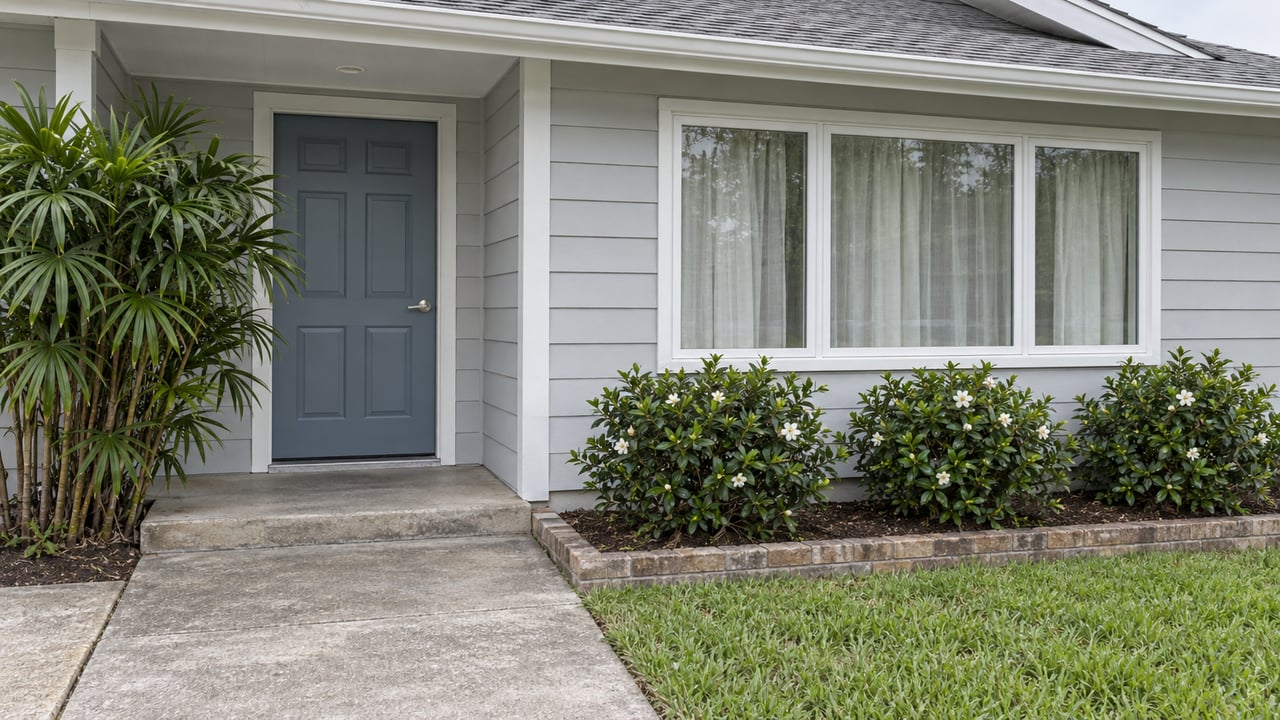 Pale-gray sided home with a sheltered blue-gray front door, white-framed window, brick-edged planting bed and concrete approach.