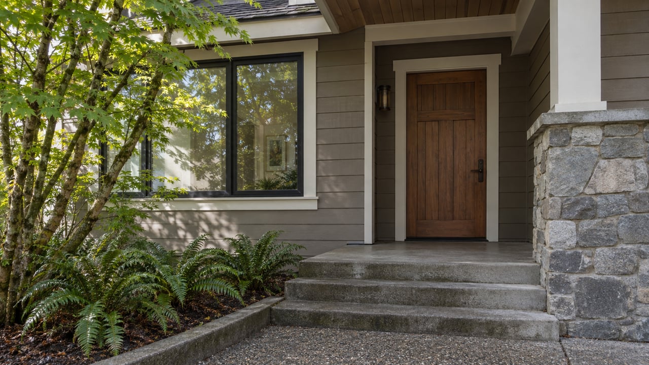 Recessed cedar front door beside a broad window, above concrete steps and a curbed planting bed.