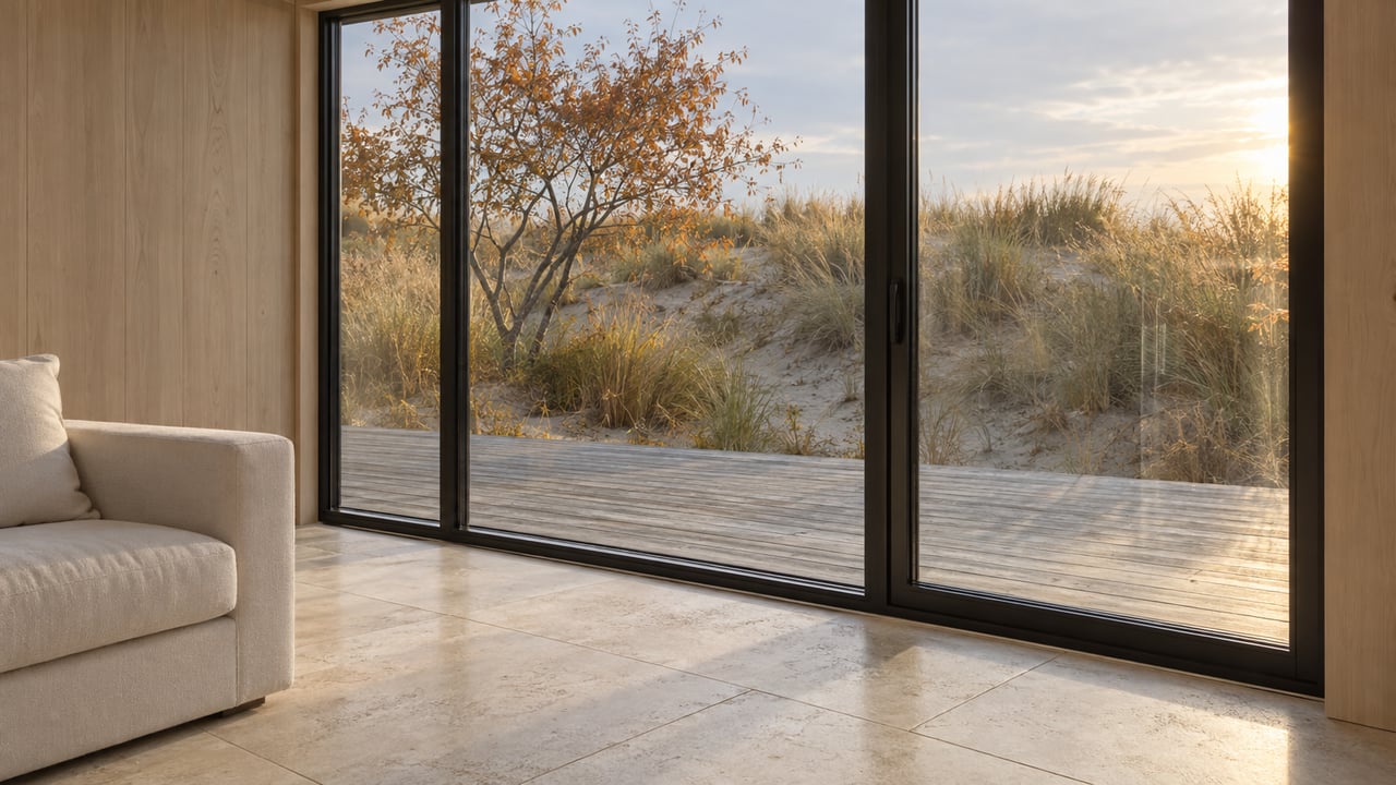 Living room with ivory sofa and black-framed glass doors opening onto a cedar deck and sandy rise.
