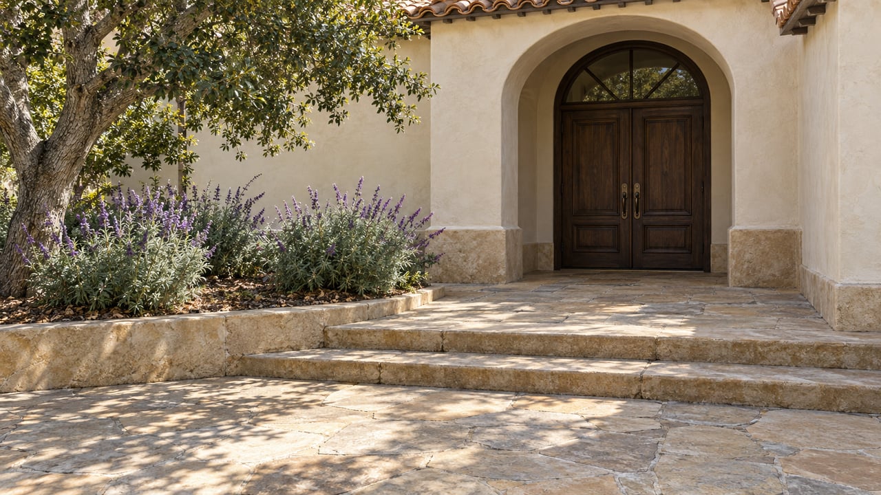 Cream stucco villa entrance with paired wood doors, sandstone steps and a planted bed beneath a mature oak.