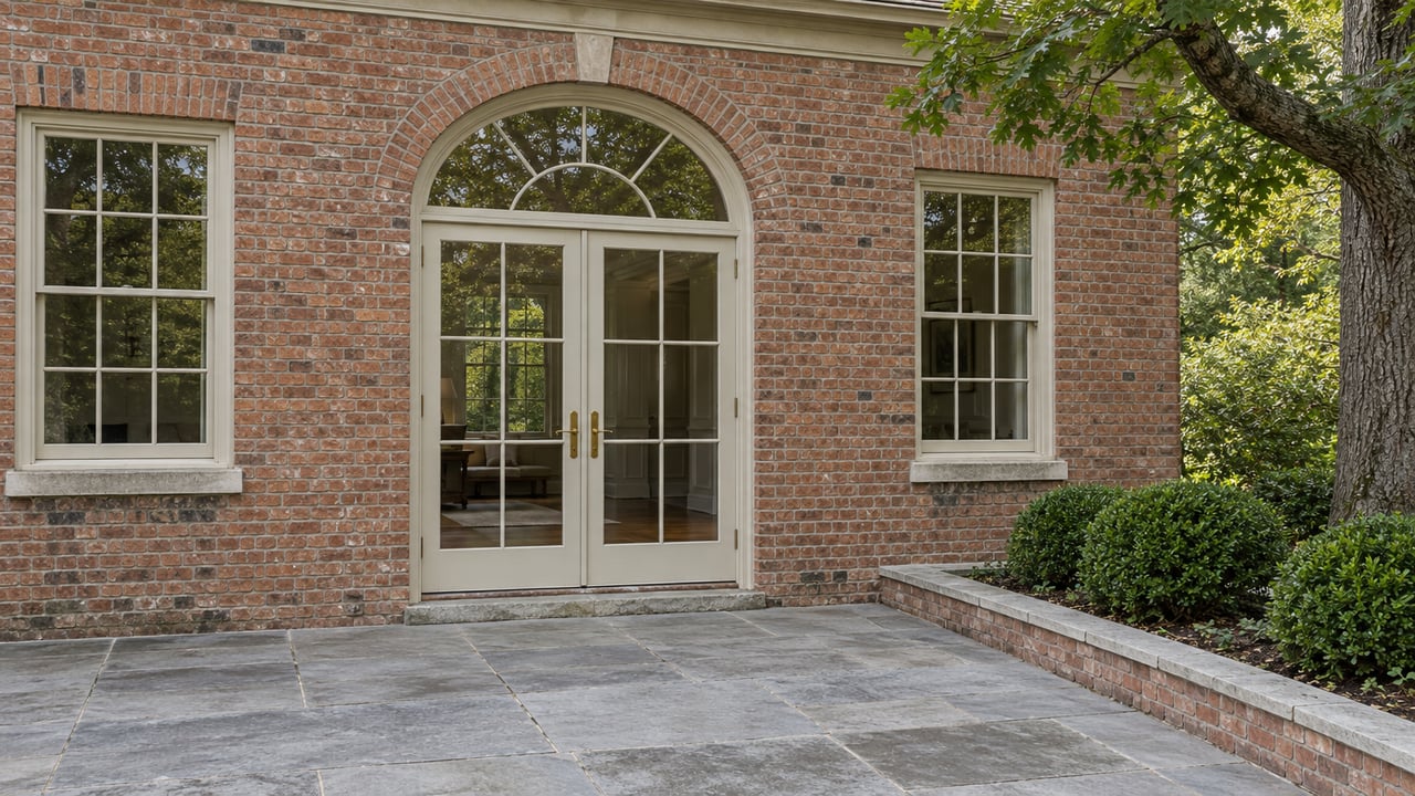 Red-brick garden elevation with arched cream-painted French doors, limestone paving and three boxwoods beside a mature white oak.