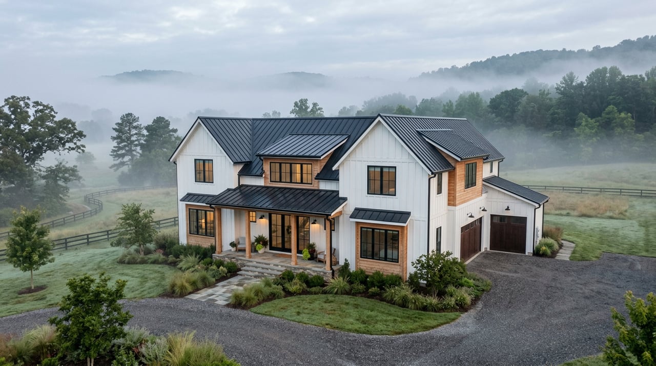Two-story modern farmhouse with greige siding, lime-washed brick, a curved bluestone walkway, and a front lawn.