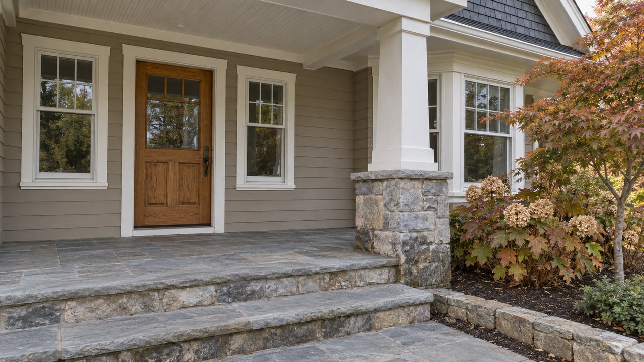 Taupe-sided home with an oak front door, white-trimmed windows, limestone porch column and sandstone steps beside copper autumn leaves.