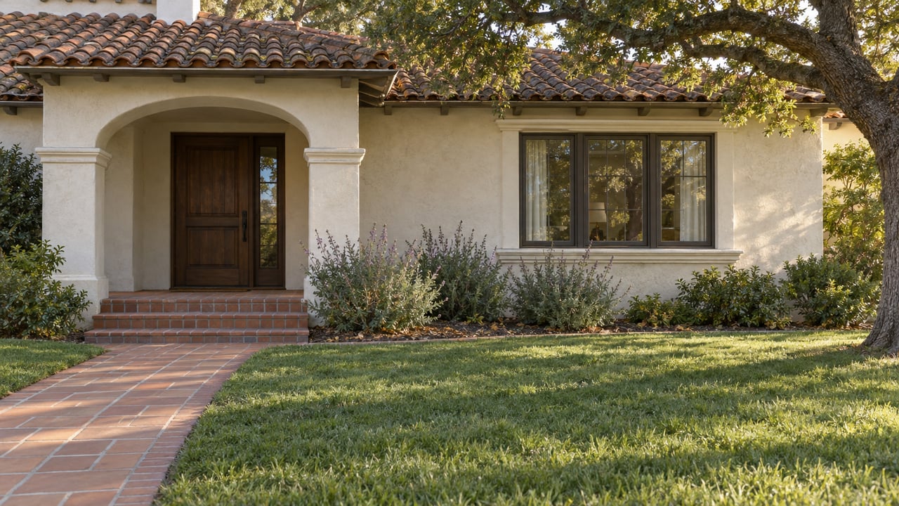 A cream stucco home with a clay tile roof, arched entry and terracotta garden walk beneath a mature oak.